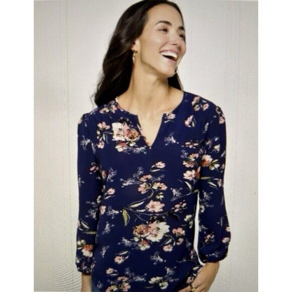 Fun2Fun Navy Blue Floral Boho Kenmore Split Neck Stretch Blouse Size S - Picture 1 of 9
